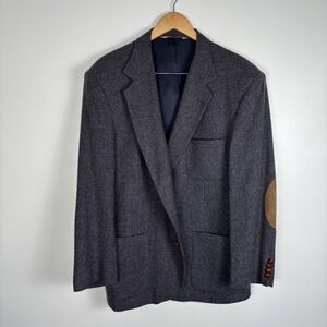 HUNT CLUB Tweed Wool Jacket Men 46R Navy w/ Elbow Patches Sport Coat Blazer